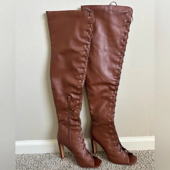 Fashion nova brown 8.5 Brown Over-the-Knee Lace-Up Boots. - Picture 4 of 9